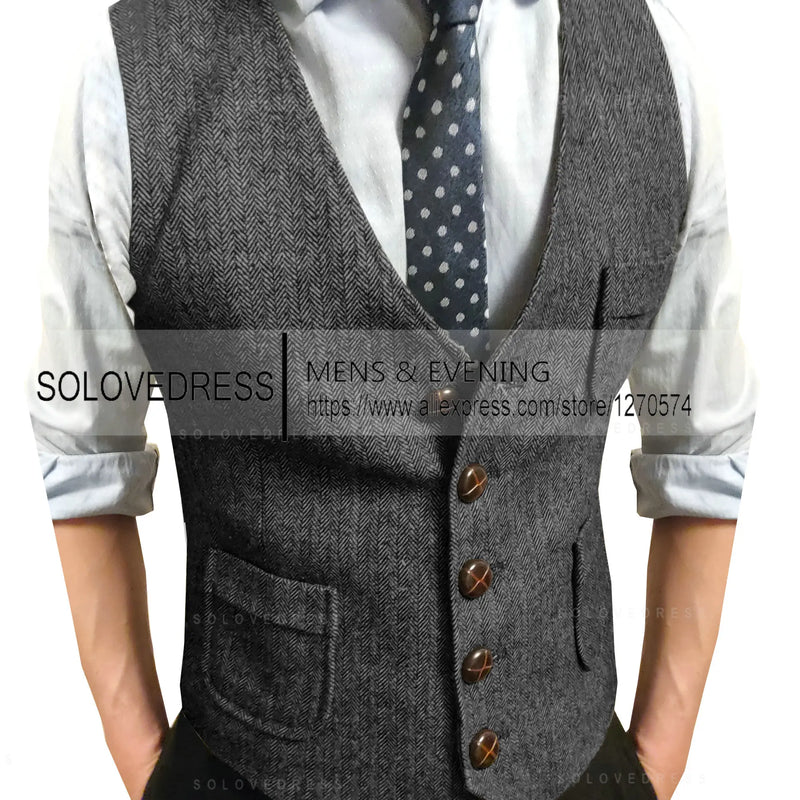 Men's Suit Vest V Neck Notched Lapel Slim Fit Leisure Wool Herringbone Tweed Vest Men for Wedding Groomsmen Mens Waistcoat Vest
