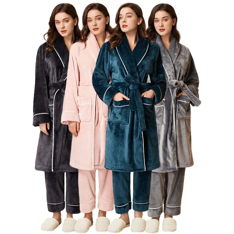 Flannel Couple Robe And Pant Set Warm Autumn Winter Thick Coral Fleece Pajamas Women's Bathrobe Men's Sleepwear Loose Home Cloth