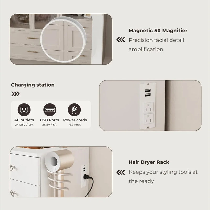 White Makeup Vanity with 11 Drawers and Glass Top Adjustable Brightness Lighting Mirror for Bedroom 3 Lighting Modes Makeup Des