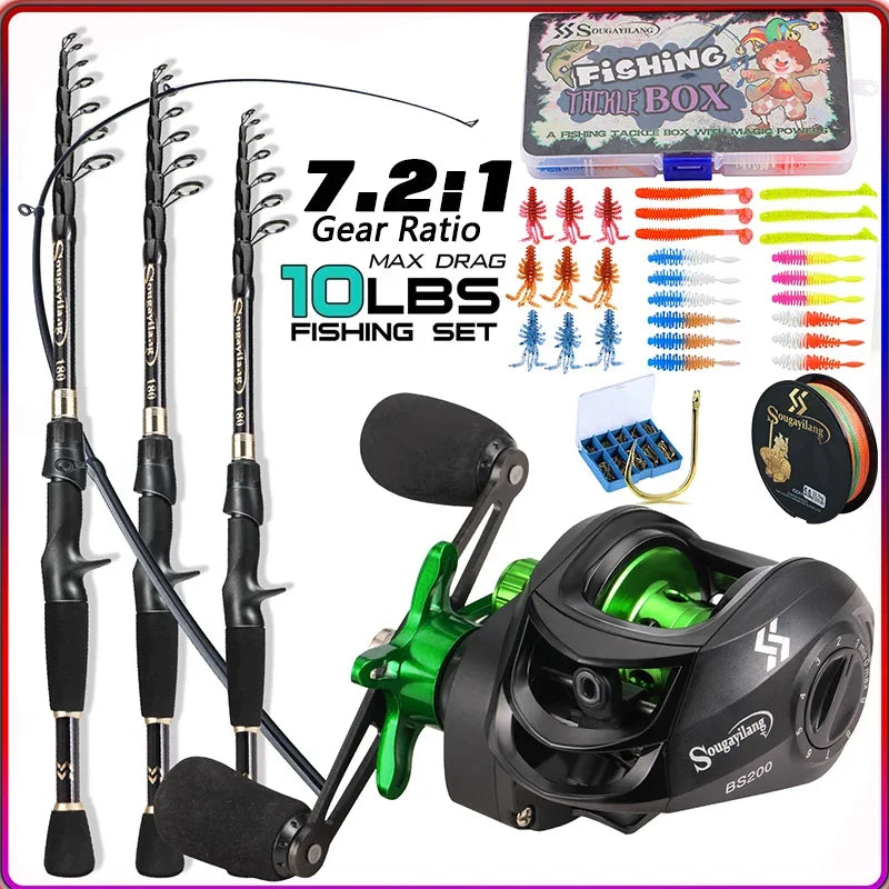 Sougayilang Casting Fishing Rod Combo High Carbon Telescopic Rod and Baitcasting Reel with Lure Line Max Drag 8kg for Bass Trout
