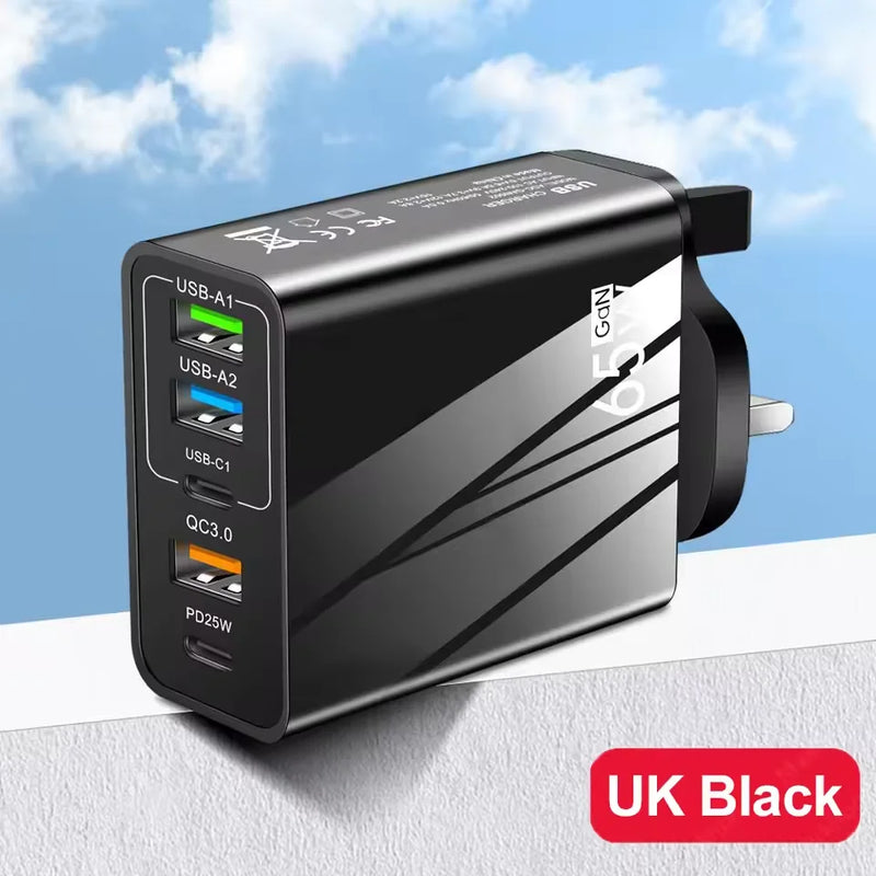 5 Ports 65W USB Type C Fast Charging Charger QC 3.0 Phone Adapter  For iPhone 15 Huawei Xiaomi Samsung EU/US Plug Wall Charger
