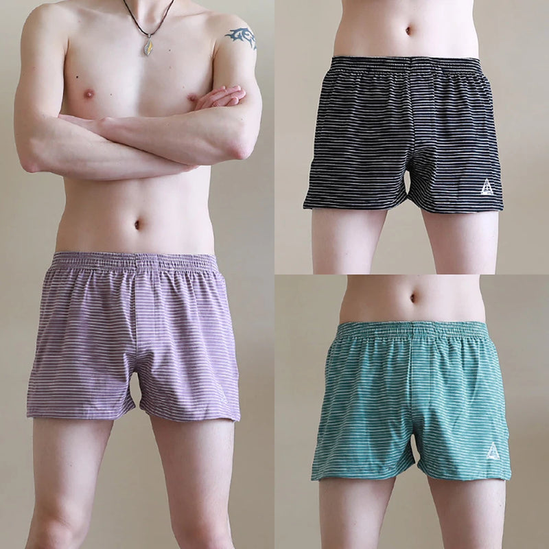 3PCS 100% Cotton Striped Pajama Pants Men's Summer Panties Breathable Big U-crotch Boxers Plus Size Loose High Elastic Underwear