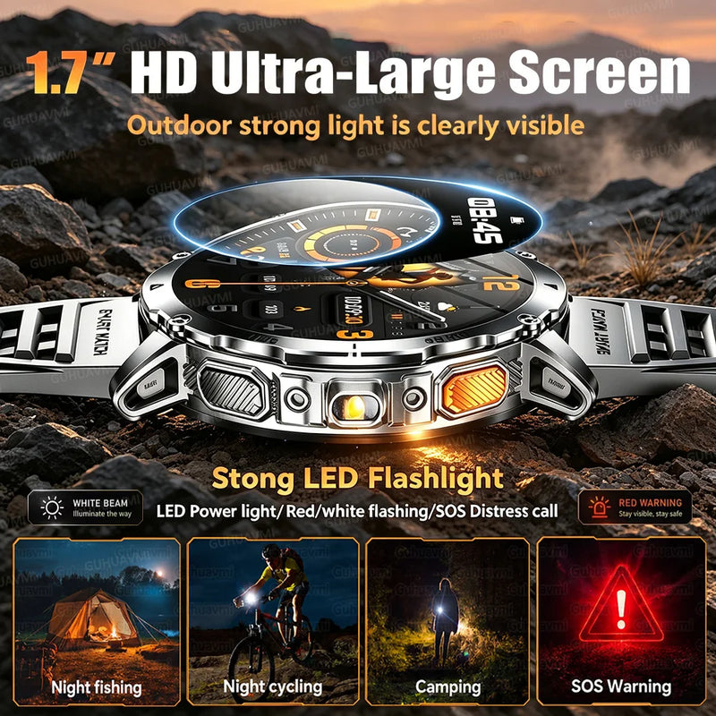 2026 New Military TANK 1400mAh Battery Smart Watch IP68 Waterproof LED Flashlight Heart Rate Sports tracker SOS Smart Watch Men