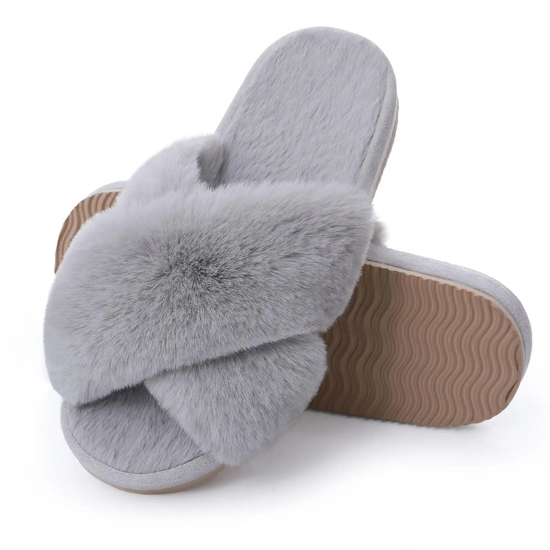 Comwarm Women's Cross Band Fuzzy Slippers Fluffy Open Toe House Slippers Cozy Plush Bedroom Shoes Indoor Outdoor Fur Sandals