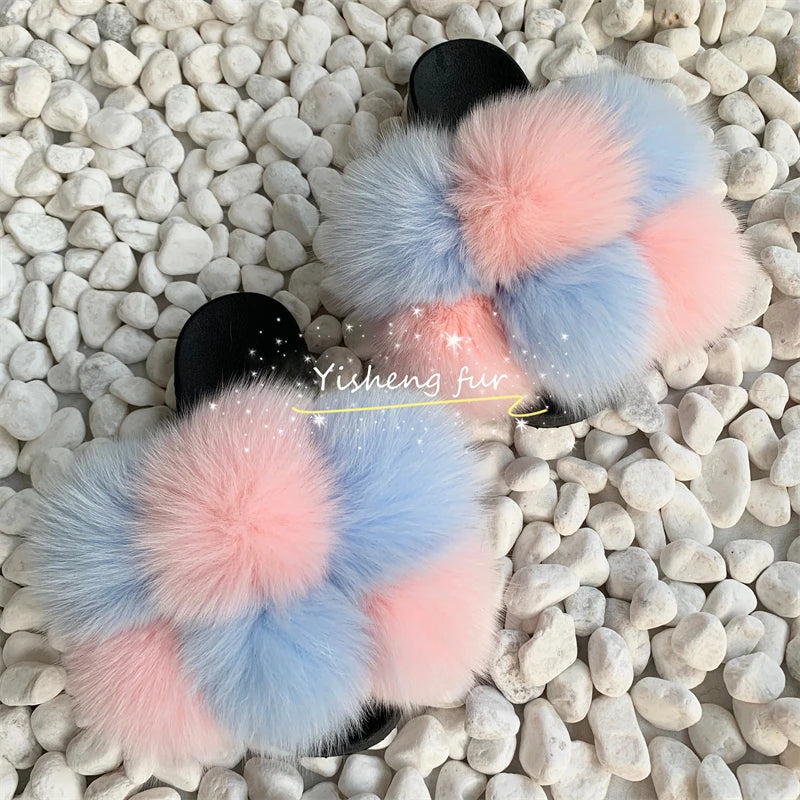 Fur Slides Factory Supply Mixed Color Pom Pom Six Balls Fox Fur Multi-Color Fluffy Fur Slippers For Women
