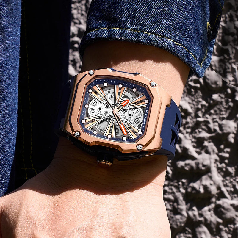 MEGIR Luxury Skeleton Automatic Mechanical Men Watch Original Waterproof Luminous Wristwatch Male Mechanical Clock Reloj