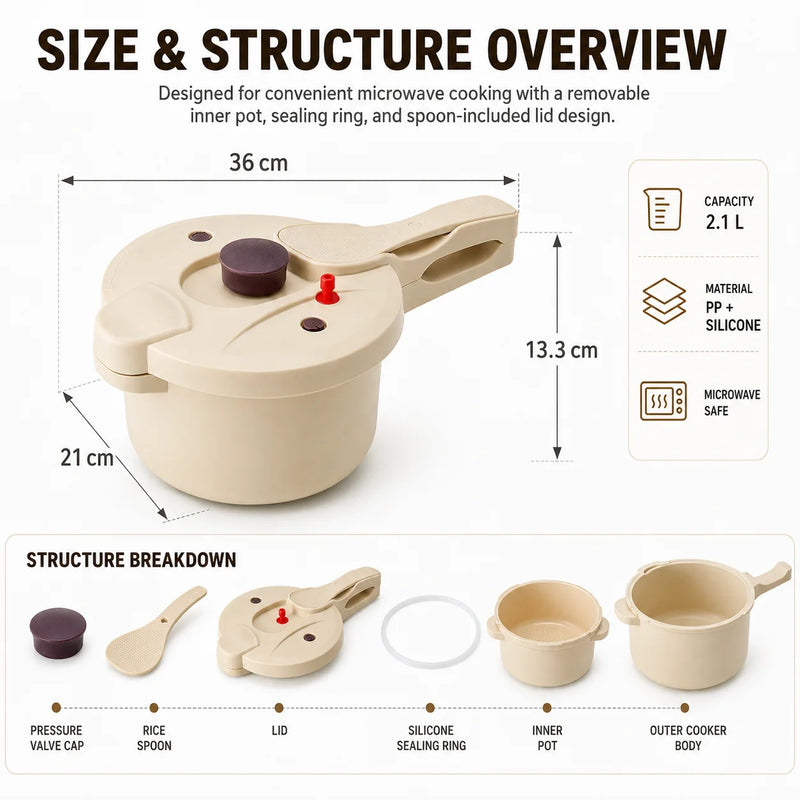 2.3L Multipurpose Microwave Pressure Cooker Rice Cooker Food Grade Steamer Pot Healthy Soups Stews Fast Cooking Kitchen Cookware