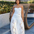 Female Fashion sexy Strapless Design Hollowed Top Pants 2 Piece Set Women Tank Chic Solid Sleeveless Vest Straight Pant Suit
