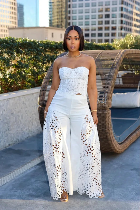 Female Fashion sexy Strapless Design Hollowed Top Pants 2 Piece Set Women Tank Chic Solid Sleeveless Vest Straight Pant Suit