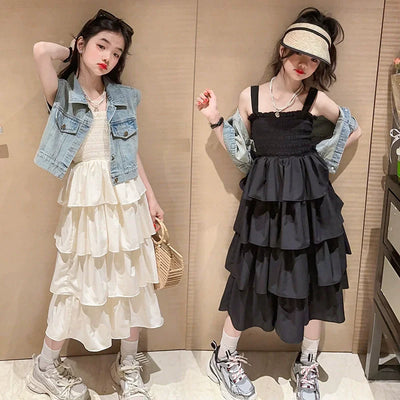 Girls Layers Slip Dress Summer Children Sling Long Gown | SAMAG