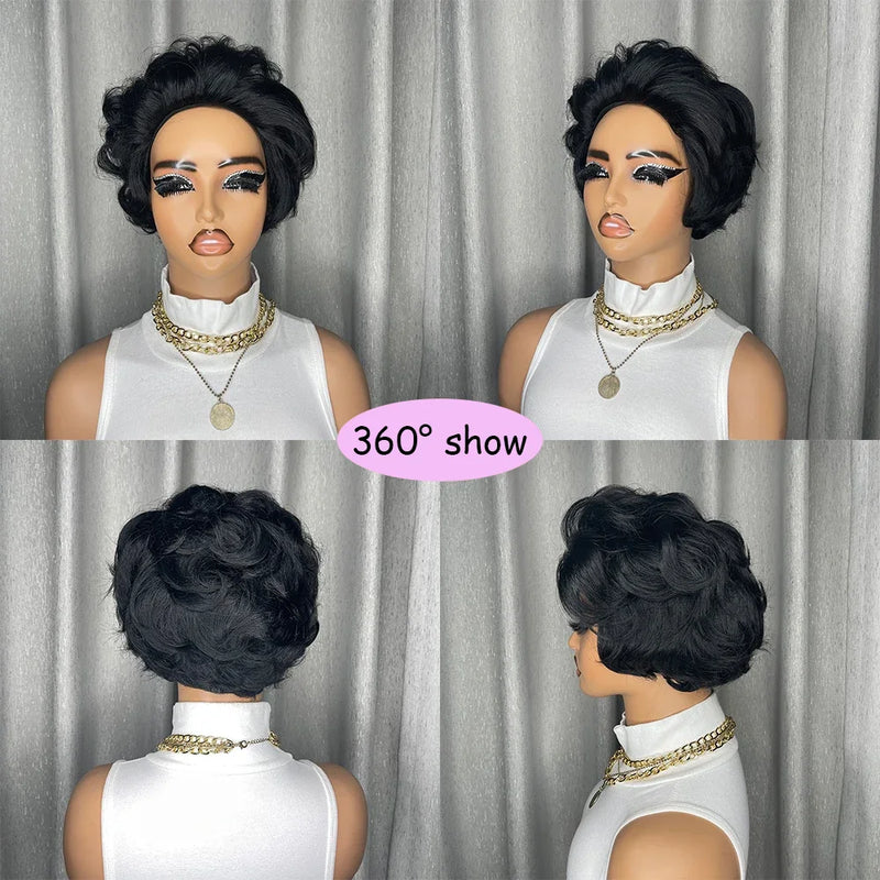 Body Wave Short Pixie Cut Wig Curly Human Hair Wigs for Women 100% Human Hair Brazilian Hair Machine Made Tangle Free Curly Wigs