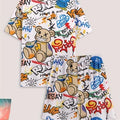 Men's casual pajama set, bear and letter printed T-shirt and shorts, comfortable summer sleepwear