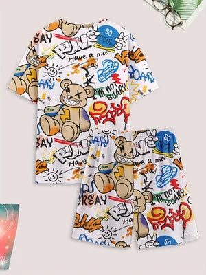 Men's casual pajama set, bear and letter printed T-shirt and shorts, comfortable summer sleepwear