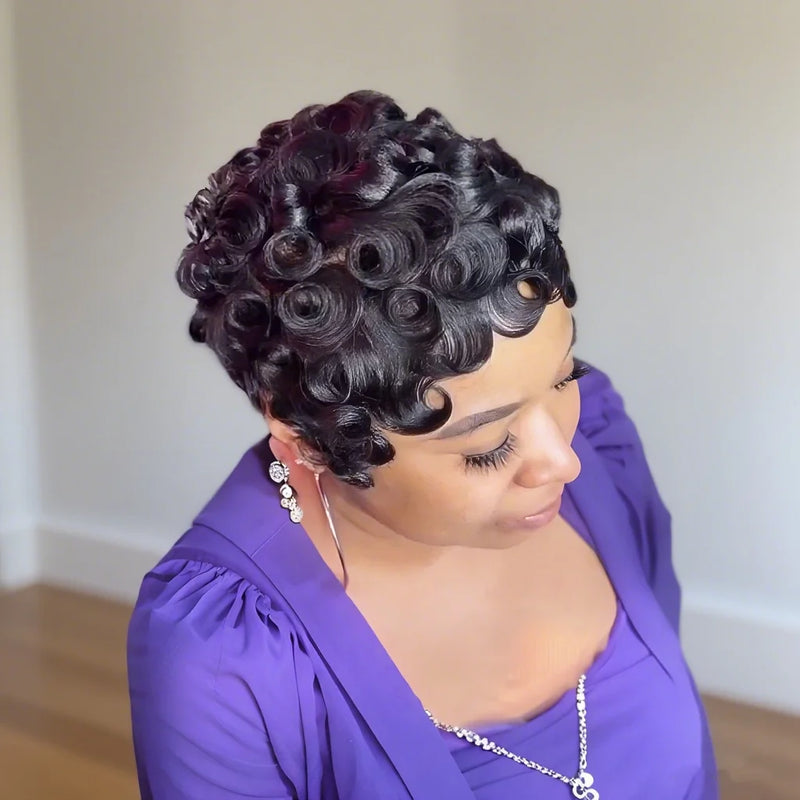 Human Hair Pixie Cut Wig Short Layered Curly with Bangs Natural Black Dark 99J Color Brown Color Machine Made Wig