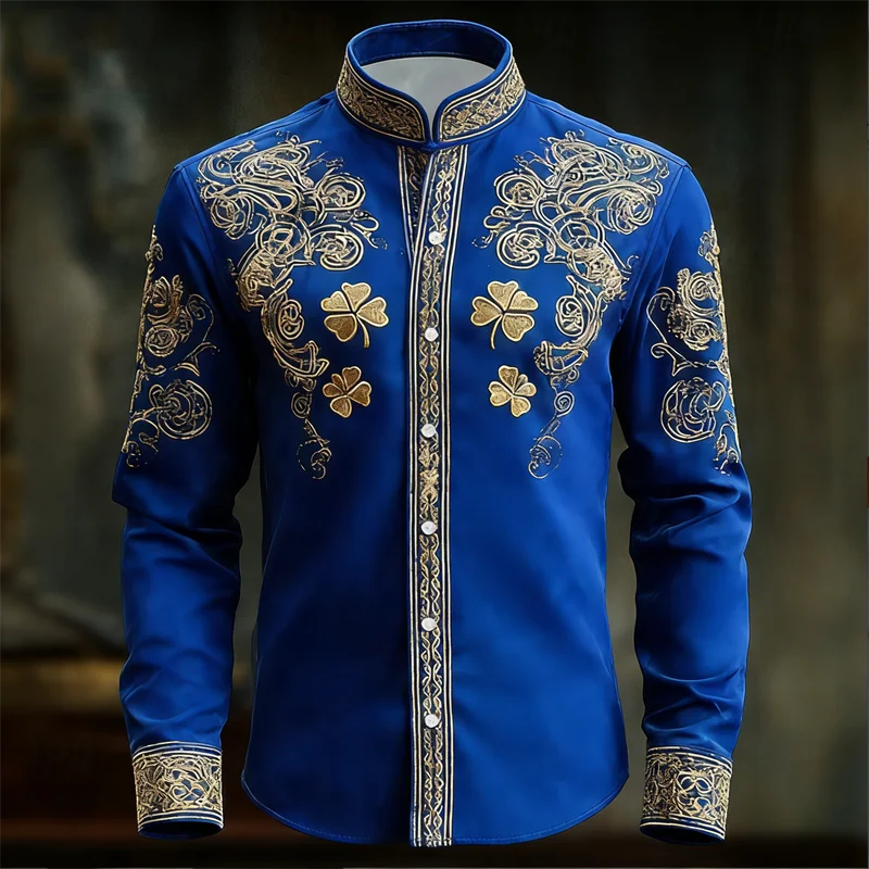 New Men's Floral Long Sleeved Shirt with Gold 3D Clover | SAMAG