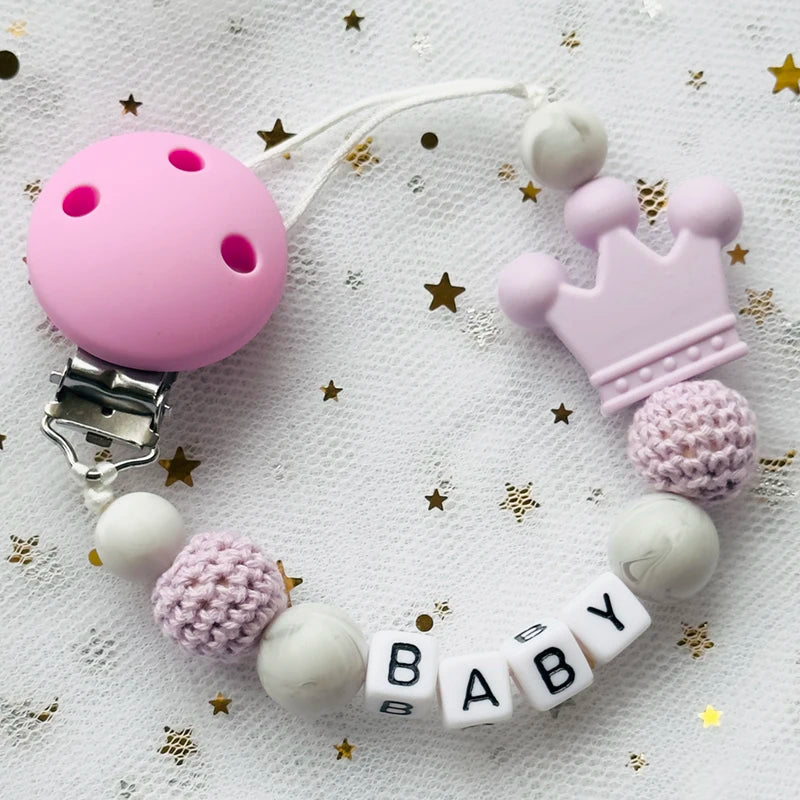 Free Custom Personalized Name Pacifier Clips Handmade Beech Wood Chain Silicone Crown Holder Soother Baby Teething Toy Chew Gift