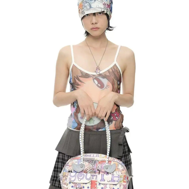 Kawaii Y2K Graffiti Handbag for Women Cute Star Strap Boston Bag Retro Manga Shoulder Bag Vintage Aesthetic Small Underarm Bag