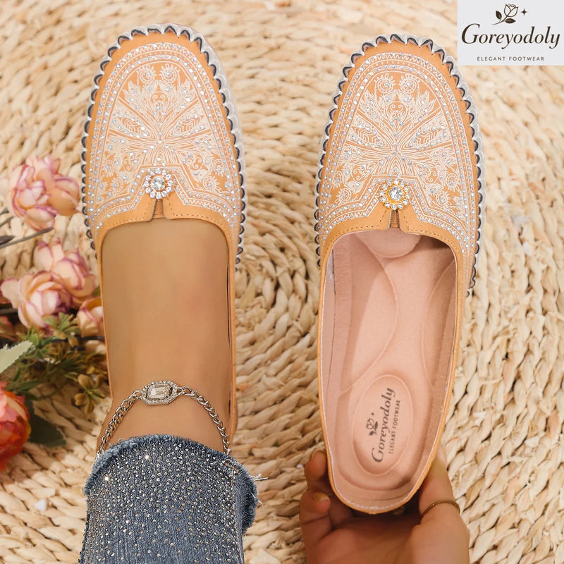 Goreyodoly women mule flats rhinestone cutout patchwork shoes elastic slip on wide fit lightweight soft sole comfort loafers