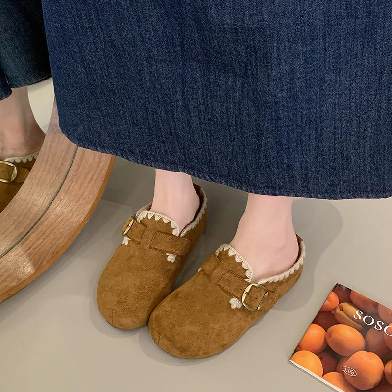 Women Suede Mules Clogs Lace Trim Buckle Strap Round Toe Slip On Shoes Vintage Brown Khaki Mid Heel Casual Outdoor Footwear