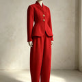 Laru 2026 New Women Two Piece Set V Neck Peplum Blazer with Barrel Leg Pants Gold Button Slim Fit Elegant Business Office Outfit