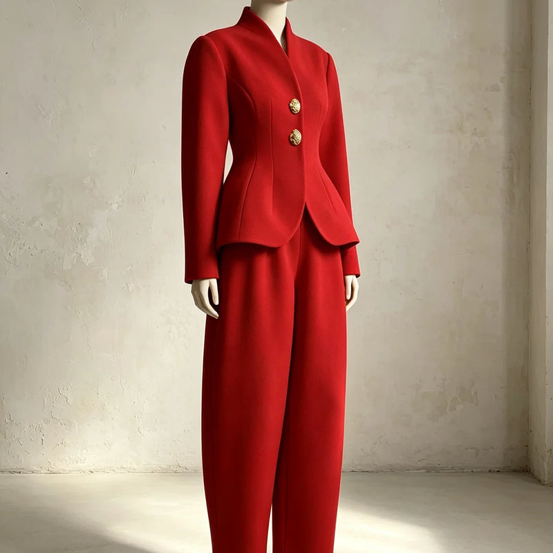 Laru 2026 New Women Two Piece Set V Neck Peplum Blazer with Barrel Leg Pants Gold Button Slim Fit Elegant Business Office Outfit