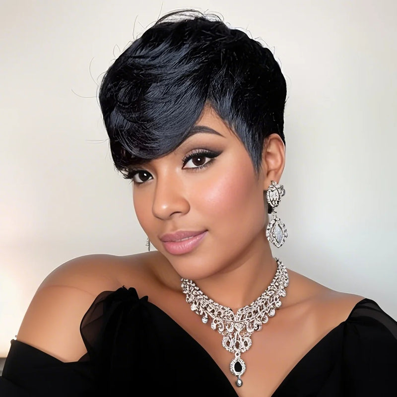 Human Hair Wigs Short Pixie Cut Wig with Bangs Short Layered Wavy Wigs for Women Full Machine Made