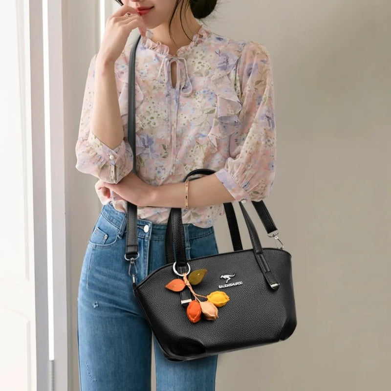 Luxury Handbags for Women New Soft Leather Large Capacity Commute Tote Bag Elegant Floral Pendant Design Shoulder Crossbody Bag