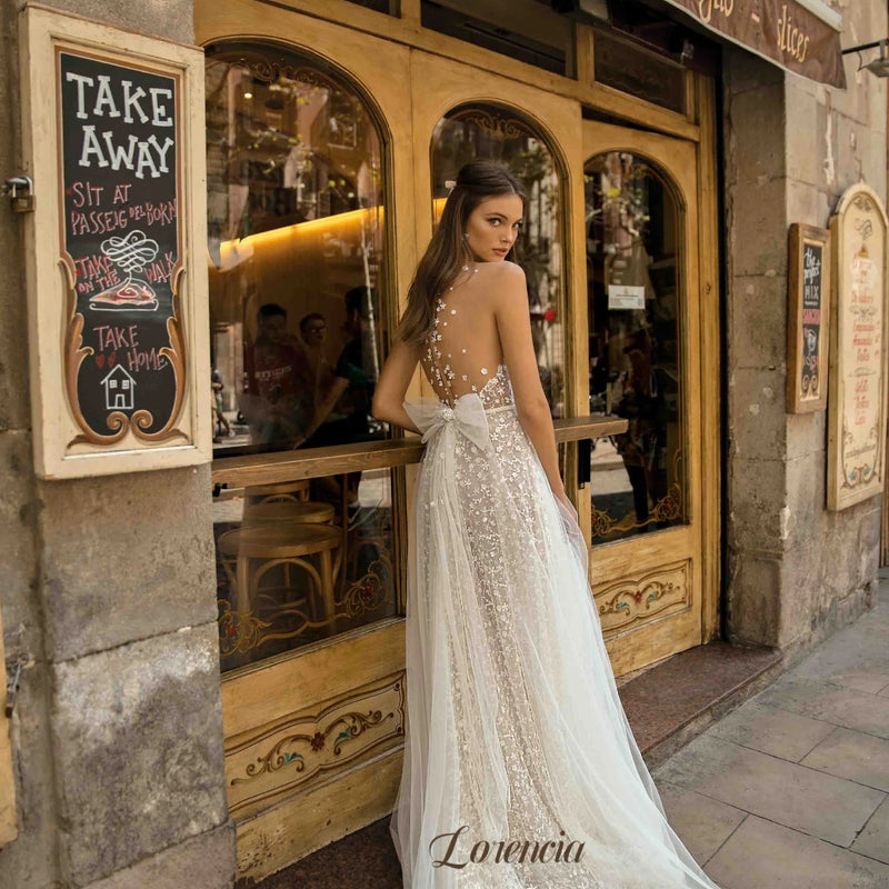 Lorencia Sexy Plunging V - Neck Lace Beach Wedding Dresses - View 3 | SAMAG