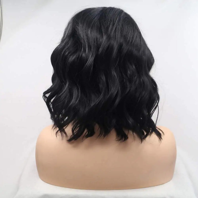 Natural Black Short Wavy Synthetic Black Lace Front Wigs For Women Hair Side Part Heat Resistant Fiber Short Black Wigs