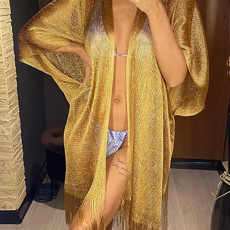 Sexy Cover Up Fringe Women Tassel Mesh Sheer Shiny Knitted Tunic Beach Cover-ups Beach Dress Beach Wear Beachwear Female