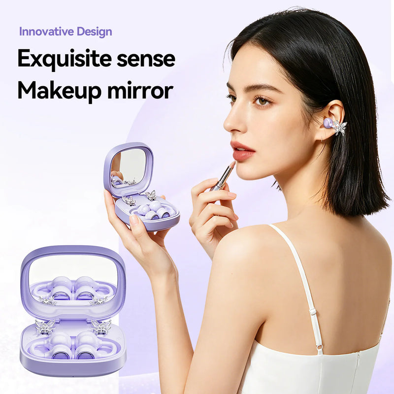 Bluetooth 6.0 Open-Ear Headphones with Makeup Mirror, Detachable Diamond Audífonos, 20Hz Bass Earphones for Women & Girls