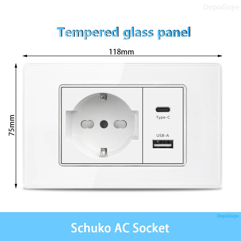 White Tempered Glass Italy USB Type C Smart Fast Charging Wall Socket Plugs Schuko Light Switch Panel Chile TV Sat Computer CAT6
