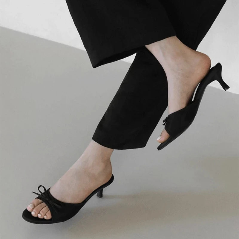 2026 New Fashion Bow Sandals Summer Classic Solid Color Stiletto Heel Women's Slippers Sexy Pointed Toe Banquet Women High Heels