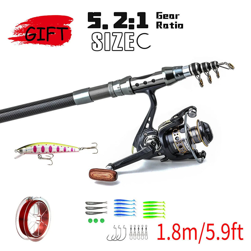Telescopic Fishing Rod Reel Combo Full Set Portable 1.8m 2.1m 2.4m 2.7m 3m Long Cast Spinning Reel Simulation Lures For Saltwate