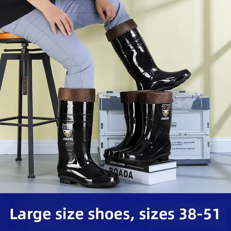 Large Size Men's Rain Boots High Tub Waterproof Anti-slip Work Site Rubber Shoes Fleece Lined Durable Plastic Outsole