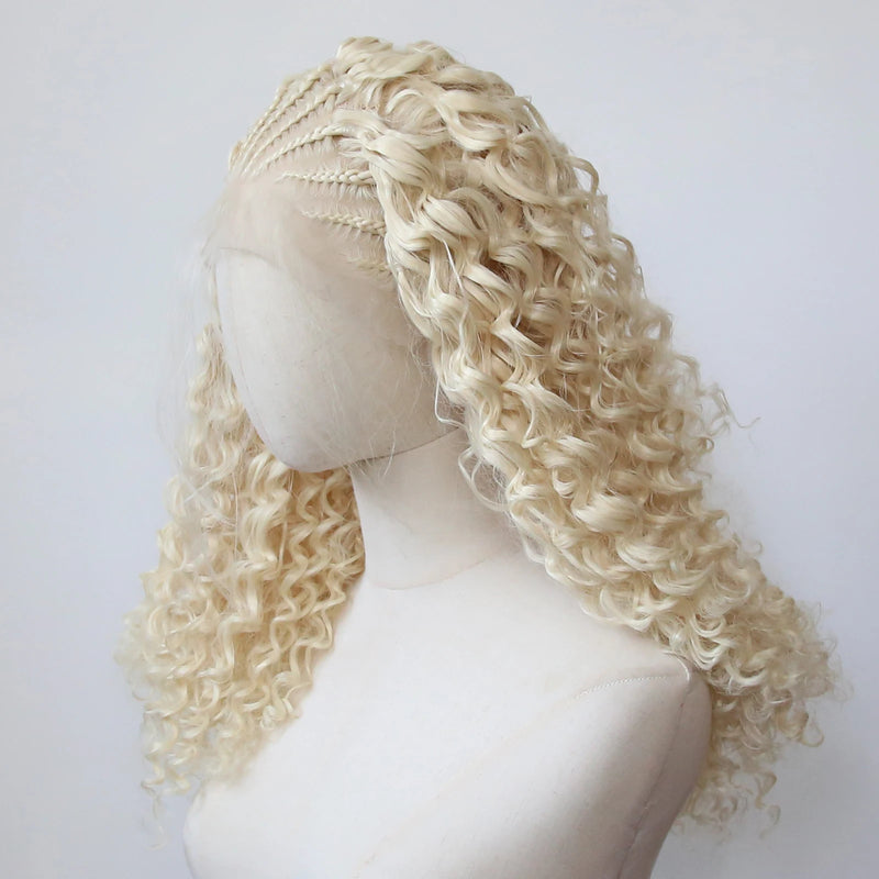 Blonde Black Color Top Braided with Curly End Wig Synthetic Lace Front Wig 13x4inch Long Curly Wig Lace Front Synthetic Wig