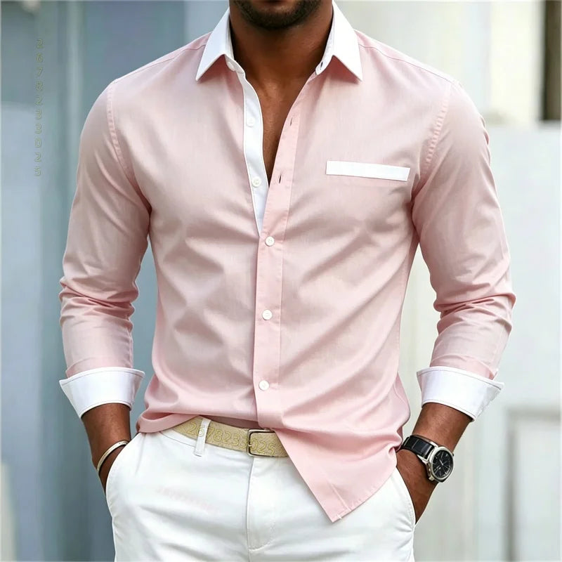 Men's shirt color blocking black and white lapel slim fit | SAMAG