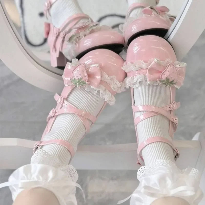 Women's Mary Janes Lolita Shoes Strawberry Bowknot Round Toe Heels Sweet Shoes Ankle Strap Pumps for Ladies