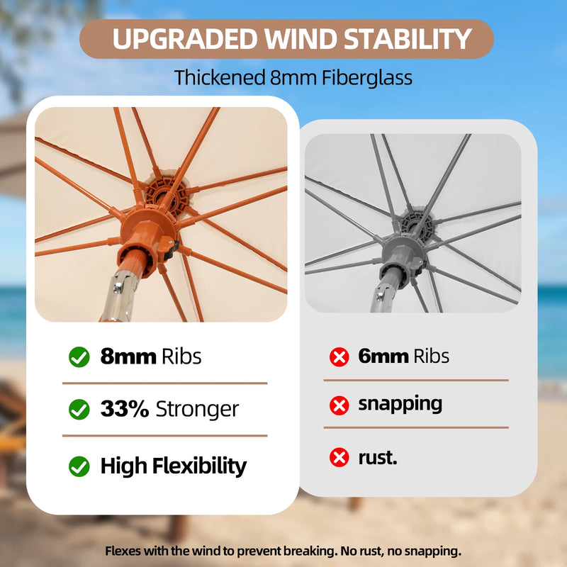 7.3ft Boho Beach Umbrella with Integrated Sand Anchor & Reinforced 8mm Ribs – Heavy Duty Windproof Fringe Patio Umbrella, UPF 50+ Sun Shade with Tilt Mechanism & Carry Bag for Outdoor, Garden, Seaside (Cream/White)
