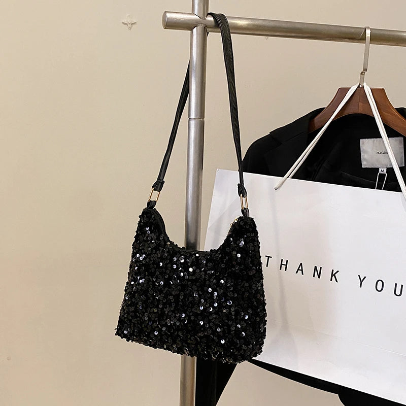 Fashion Women's Sequin Decorated Hobo Bag Black/Silver for Parties Daily Outings Stylish Compact Trendy Evening Bag