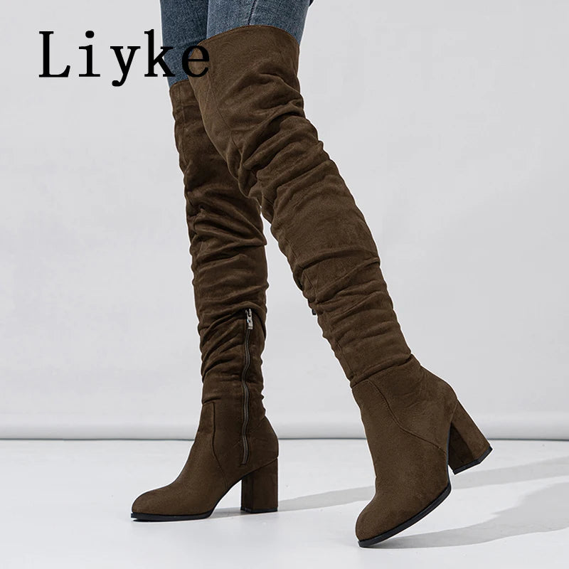 Liyke 2026 New Fashion Round Toe Zip Thigh High Boots Women Autumn Winter Chunky Heels Motorcycle Over The Knee Shoe Botas Mujer