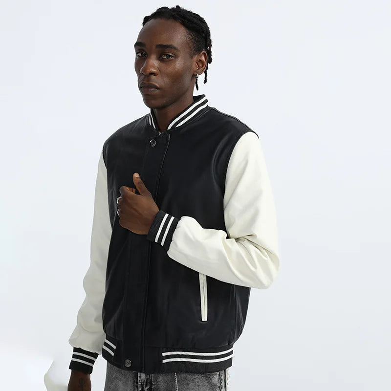 Men's Autumn Casual Baseball Collar PU Leather Jacket Contrasting Large Size Washed Leather Jacket Men's