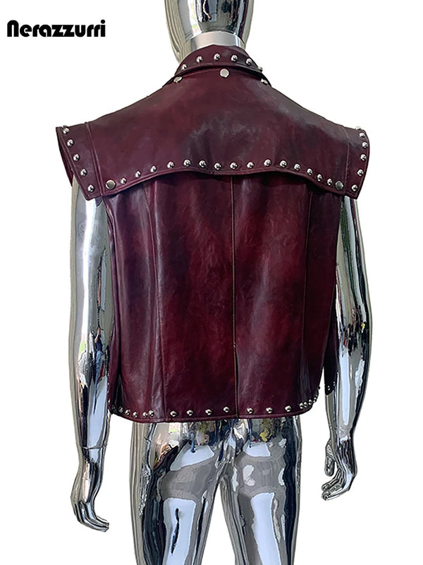 Nerazzurri Summer Autumn Short Distressed Vintage Studded Pu Leather Sleeveless Jacket Men Punk Style Menswear  Clothes Vest