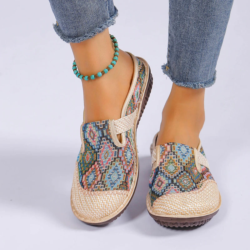 Blue Ethnic Linen Mules for Women - Breathable Non-slip Soft Sole Slip-On Shoes for Elderly Casual Walking
