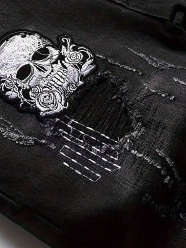 Men's Black Distressed Jeans Skull Patch & Embroidery | SAMAG