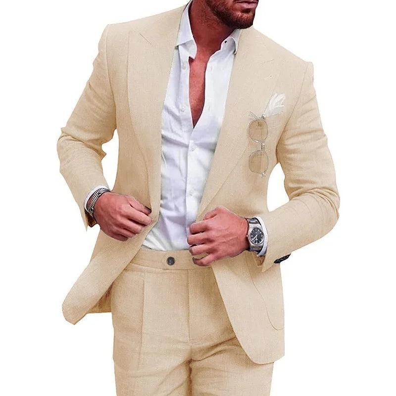 Men‘s Linen Pant Suit Set Plus - size Black Blue Single Button 2 - Piece Summer Business Formal Casual - View 7 | SAMAG