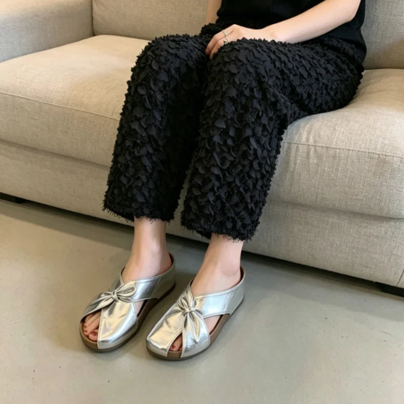 Women's Soft Leather Silver Bow Mules, Round Toe Soft Sole Slip-Ons, Wide & Chubby Feet Friendly, Casual All-Match Slide Sandals