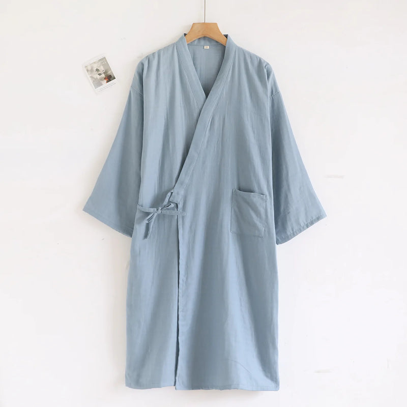 2026 New Men's 100% Cotton Gauze Bath Robes Loose Thin Japanese Kimono Pajamas for Men Casual Lace Up Bathrobes V-Neck Nightgown