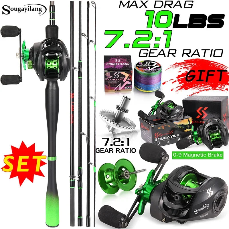 Sougayilang Fishing Rod Reel Combo 1.8~2.4m Ultralight Carbon Fiber Casting Rod and Baitcasting Reel Max Drag 10Kg for Bass
