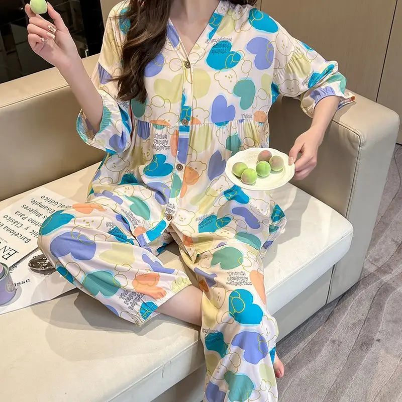 Cotton Sleepwear Big Size Cardigan Seven-minute Pants Two-piece Print Loungewear Pajama Sets Summer Nightwear Korean Fashion